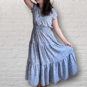 Vintage Romantic Spring Smocked Floral Tea Length Dress Cottagecore